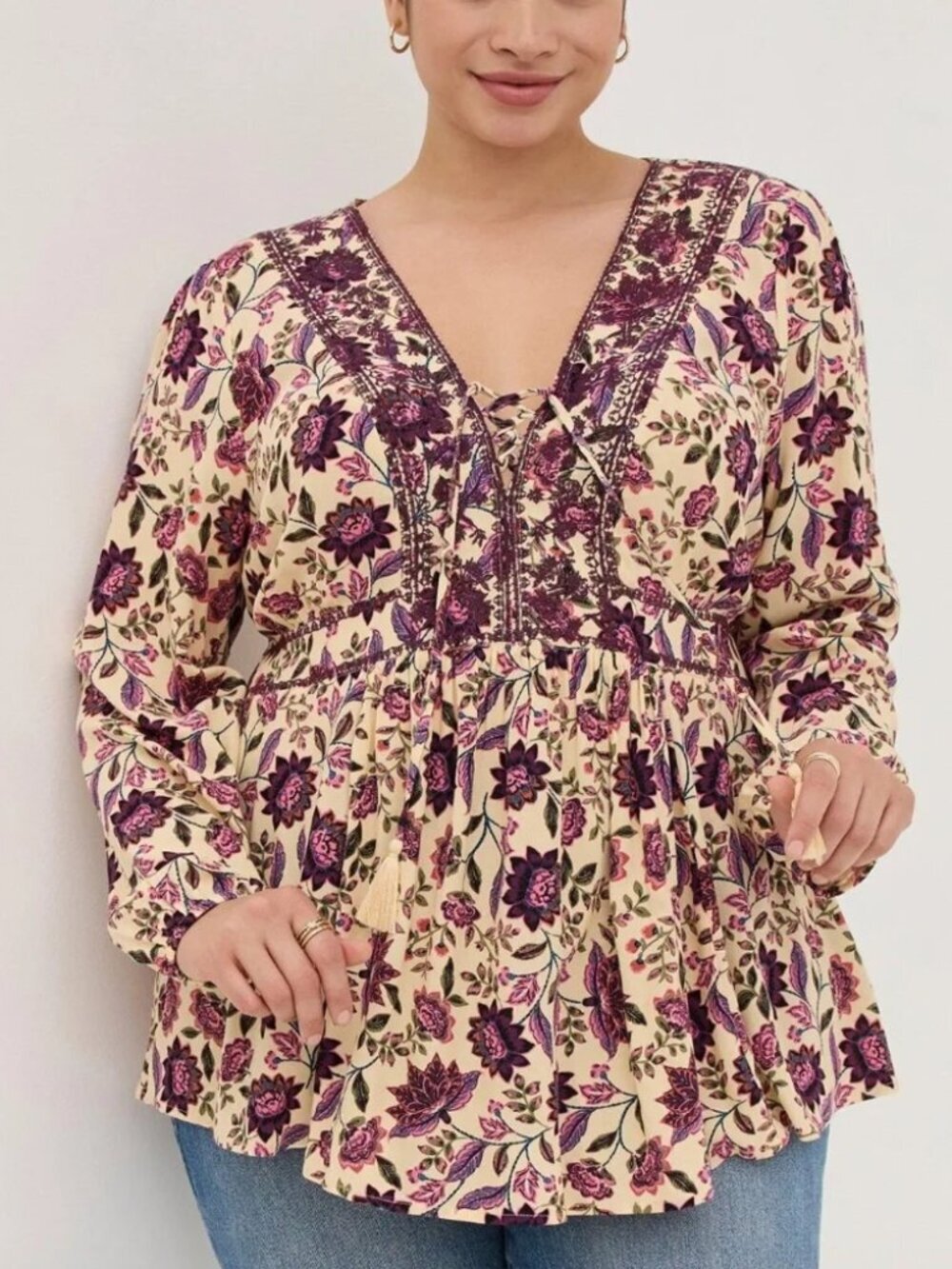 Torrid Embroidered Floral Boho Beige Babydoll Blouse Top Size 0 (M/L)